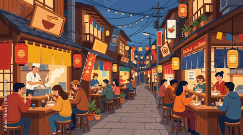 Vector illustration of a bustling Japanese food market at night where people enjoy eating hot ramen under the warm glow of traditional paper lanterns.