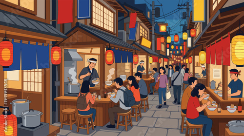 A lively vector illustration of a traditional Japanese night market, with people eating ramen at food stalls and chefs cooking under glowing paper lanterns.