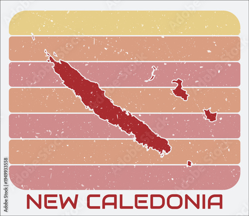 New Caledonia vintage logo. Shape of the country on retro colored stripes background. New Caledonia map design with grunge scratch texture. Vector illustration.