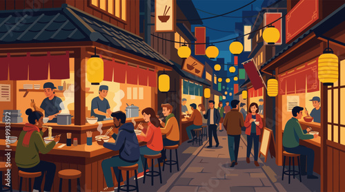 A lively illustration of a bustling Japanese night market, where a diverse group of people eats steaming ramen at wooden stalls under the warm glow of paper lanterns.