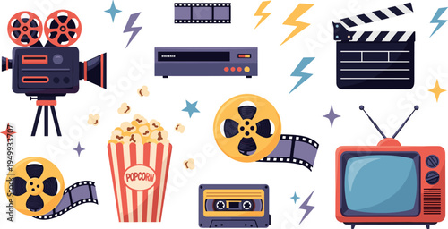 Retro 80s Cinema and Film Icons Collection with Film Camera, TV, Popcorn, Cassette, VHS, Movie Clapper, Lightning and Old-School Media Devices