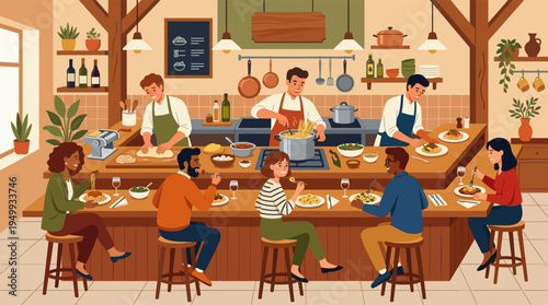 A diverse group of friends eats freshly made pasta at the counter of a warm, bustling open-kitchen restaurant while chefs cook in the background.
