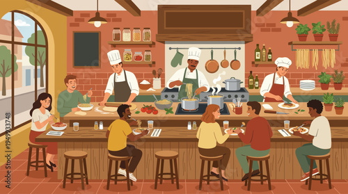 A vibrant illustration of a bustling Italian restaurant scene with diverse chefs cooking fresh pasta for happy customers eating at the counter.