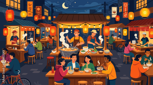 A lively, colorful illustration of an Asian street food market at night, with people enjoying steaming bowls of ramen under warm glowing lanterns.
