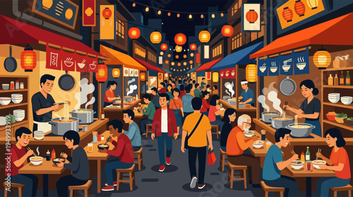 A vibrant vector illustration of a crowded Asian night market with diverse people eating steaming bowls of noodles under glowing paper lanterns.