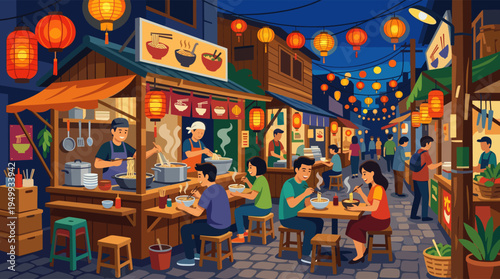 A vibrant illustration of a bustling Asian night market, where people eat noodles at a traditional street food stall under glowing red and orange lanterns.