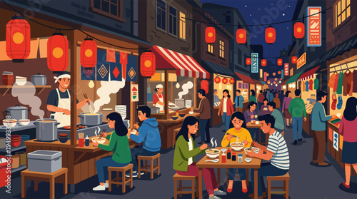 A lively illustration of a bustling Asian street food market at night, with people enjoying noodles and shopping under the warm glow of red lanterns.