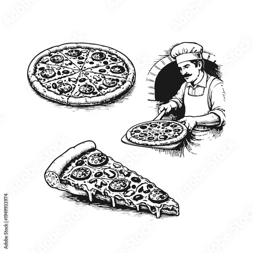 Simple hand drawn pizza food icon set, engraved illustration.