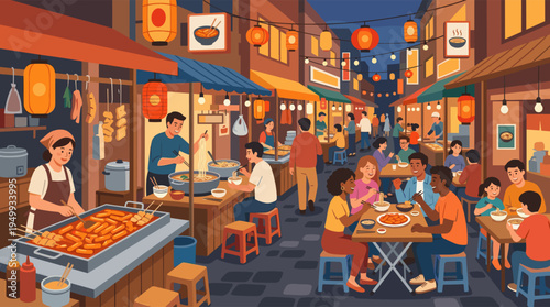 Illustration of a diverse crowd of friends and family eating noodles at a bustling Asian street food festival illuminated by glowing lanterns at night.