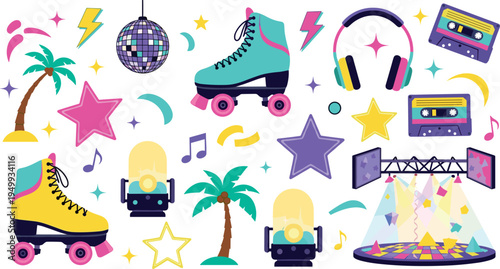 Retro 80s Disco and Roller Skating Icons Collection with Disco Ball, Headphones, Cassette Tape, Star Shapes, Music Notes and Palm Trees