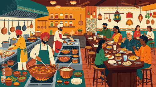 A vibrant illustration of a bustling Indian restaurant with chefs cooking in an open kitchen and diverse customers enjoying traditional food.