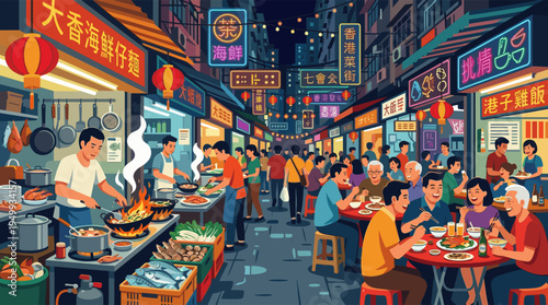 An illustration of a lively Asian night market with crowds of people eating street food together under colorful neon signs and red lanterns.