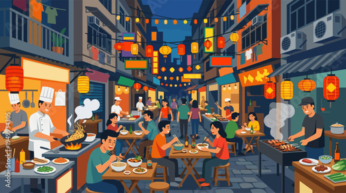 Vibrant vector illustration of a bustling Asian night market, with people eating noodles and barbecue at street food stalls under glowing lanterns.