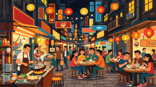 A vibrant illustration of a busy Asian street food market at night, with people eating noodles and a chef cooking at a stall under glowing lanterns.
