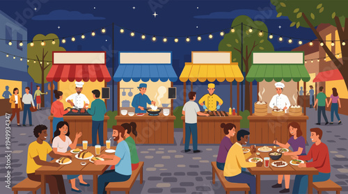 A diverse crowd of people eats and socializes at a vibrant outdoor street food market at night under festive string lights.