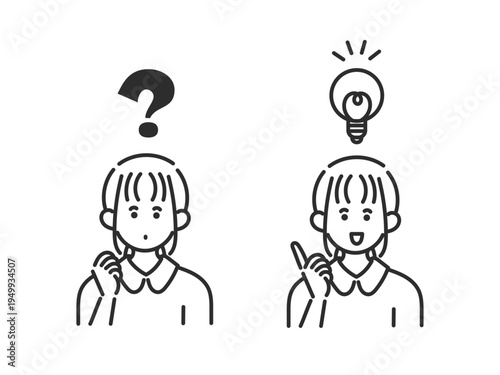 クエスチョンマークとひらめきの看護師の女性のイラスト素材セット　線画のみ