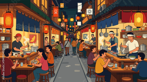 A vibrant cartoon illustration of a bustling Japanese food market at night, with people eating ramen at outdoor stalls and chefs cooking under glowing lanterns.