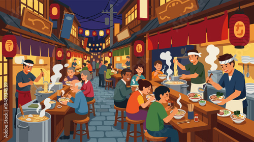 Illustration of a lively Japanese night market where diverse people eat steaming ramen at food stalls under glowing red lanterns.