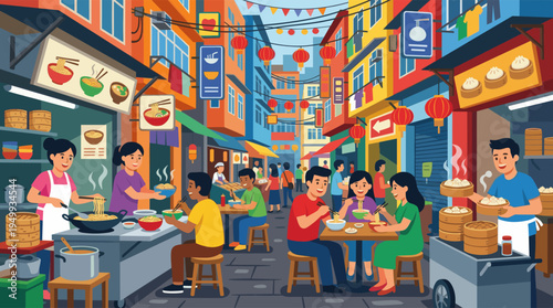 A colorful vector illustration of a bustling Asian street food market, with people and families enjoying noodles and dumplings at outdoor stalls under red lanterns.