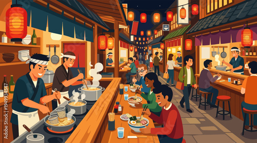 Illustration of a vibrant Japanese street food market at night, with diverse customers enjoying ramen and chefs cooking under the warm glow of red lanterns.