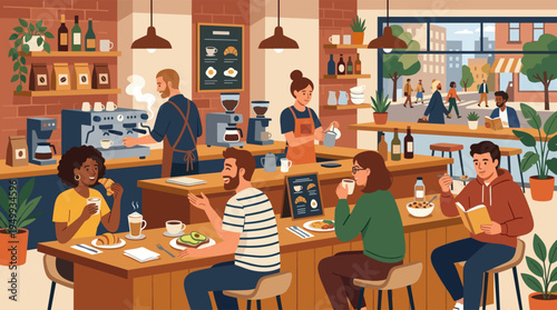 A warm illustration of a bustling city coffee shop with diverse customers enjoying coffee, breakfast, and conversation while baristas work.
