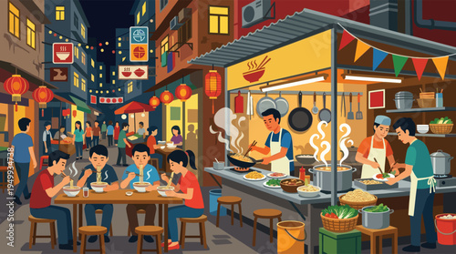 Vector illustration of a lively Asian street food scene at night, with crowds of people eating noodles under glowing red lanterns.