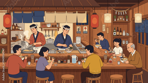 An illustration of a bustling traditional Japanese ramen shop where chefs cook and serve noodles to happy customers sitting at a warm, wooden counter.