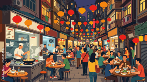 A vibrant illustration of a bustling Asian night market, with crowds of people eating street food and noodles under festive hanging lanterns.