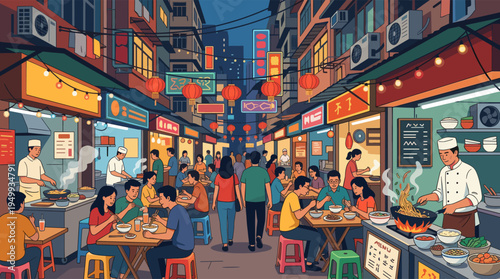 An illustration of a bustling Asian night market where people eat noodles at outdoor food stalls in a vibrant, crowded street scene under red lanterns.