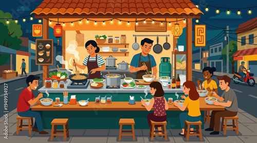 A vibrant illustration of a bustling Asian street food stall at night, with vendors serving hot noodles to a diverse group of happy customers.