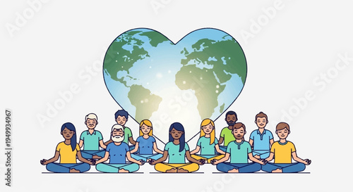 Diverse group of people meditating in lotus position with heart shaped earth globe background