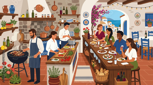 A diverse group of friends enjoys a lively dinner with wine at a Greek seaside taverna while chefs prepare food in an open kitchen.