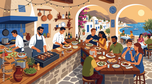A vibrant illustration of a bustling Greek taverna where diverse friends dine and socialize by the sea during a warm, beautiful sunset.