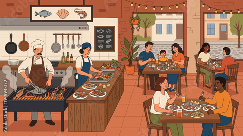 Happy people and families enjoy a meal together at a lively outdoor seafood grill while a chef cooks fresh fish on a barbecue in this warm illustration.