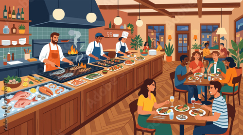 Illustration of a bustling seafood restaurant at night, with chefs grilling fish in an open kitchen and diverse groups of happy friends dining together.