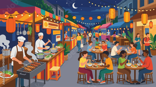 A lively illustration of a diverse crowd eating and socializing at a bustling Asian night food market, illuminated by colorful lanterns and string lights.