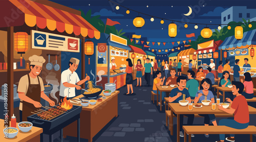 This vibrant illustration shows a busy Asian street food market at night, with happy people eating and socializing under festive lanterns and string lights.