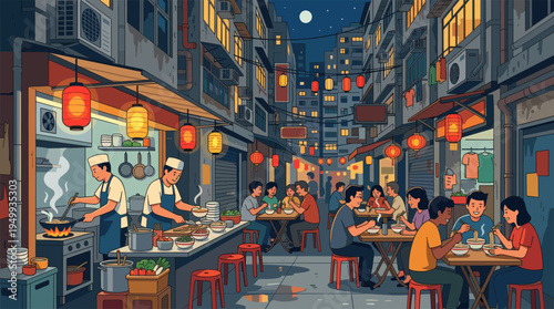 A vibrant illustration of a bustling Asian street food market at night, where people eat noodles together at outdoor tables under the warm glow of hanging lanterns.