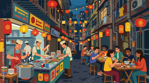 A vibrant illustration of a busy Asian night market, where chefs serve noodles and diverse groups of friends eat together under glowing red and yellow lanterns.