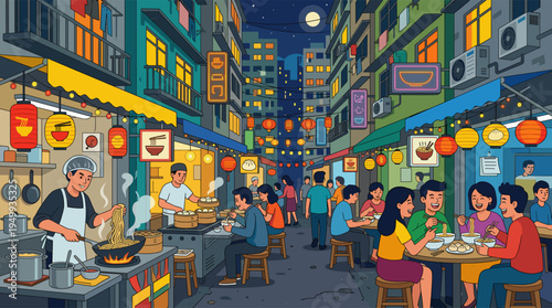 A vibrant illustration of a bustling Asian night market, where happy people gather to eat delicious noodles and dumplings under glowing lanterns and neon signs.