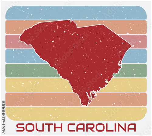 South Carolina, United States vintage logo. Shape of the state on retro colored stripes background. South Carolina, United States map design with grunge scratch texture. Vector illustration.
