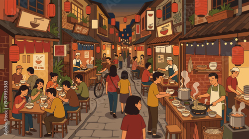 A vibrant illustration of a bustling Asian night market, where a crowd enjoys eating noodles at street food stalls under warm lanterns.