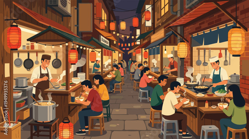 A lively Japanese street food market at night, with chefs cooking and customers eating noodles at outdoor yatai stalls illuminated by warm lanterns.