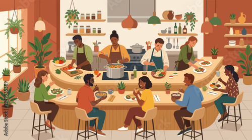 A diverse group of happy people cook and eat together in a vibrant, warm communal kitchen, enjoying a social dining experience.