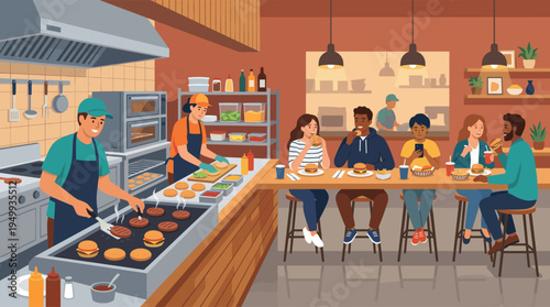 A diverse group of happy friends eats burgers and fries at a counter, watching cooks in a bustling, modern open kitchen restaurant.