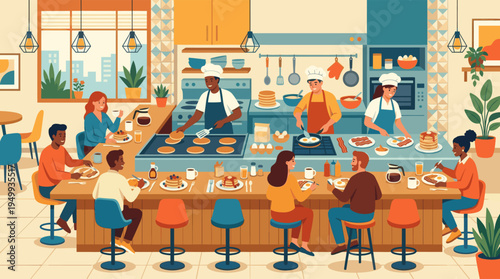 A vibrant illustration of a bustling diner where diverse customers eat breakfast at the counter as chefs cook pancakes and eggs in the open kitchen.