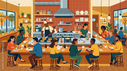 A warm illustration of a bustling diner where diverse customers enjoy breakfast and coffee at a communal table near a busy open kitchen.