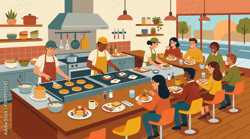 A warm flat illustration of a busy diner where diverse friends eat breakfast at the counter while cooks prepare pancakes and eggs on the grill.