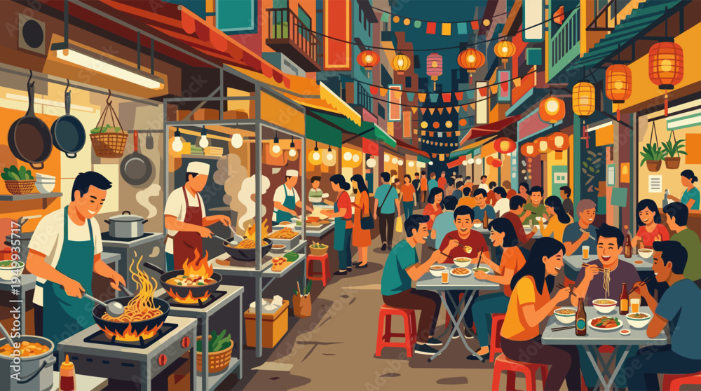 Fototapeta premium A vibrant illustration of a bustling Asian night market with people eating noodles at food stalls under glowing lanterns.