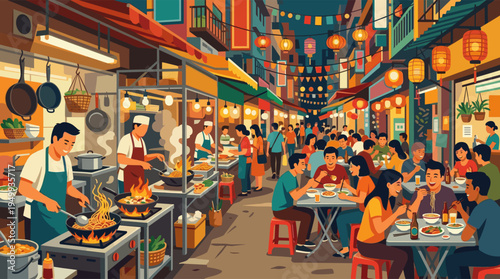 A vibrant illustration of a bustling Asian night market with people eating noodles at food stalls under glowing lanterns.